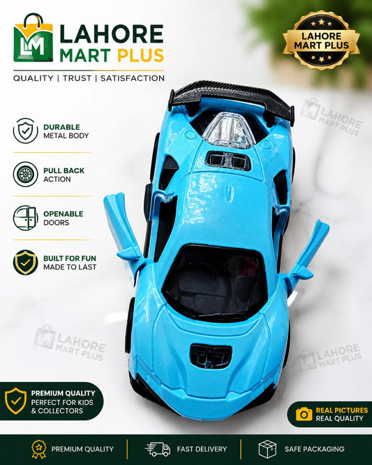 Blue metal toy sports car with pull back action and openable doors