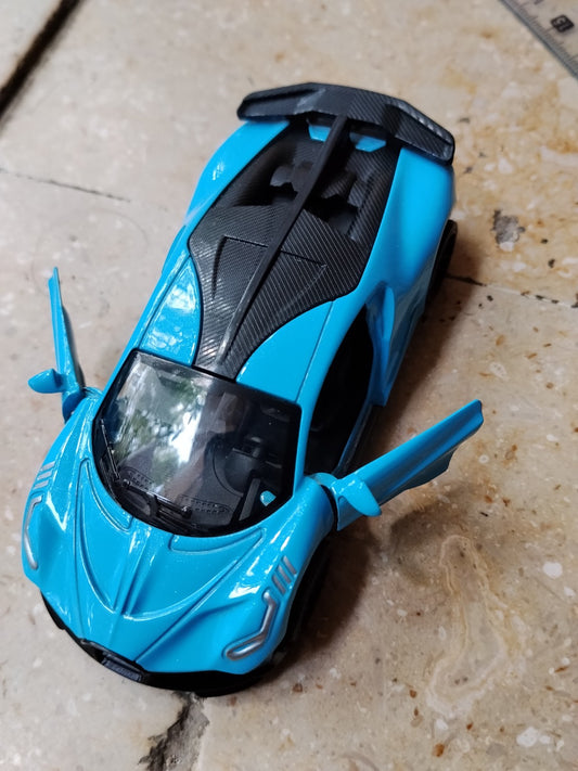 Blue die-cast metal supercar toy with opening front doors
